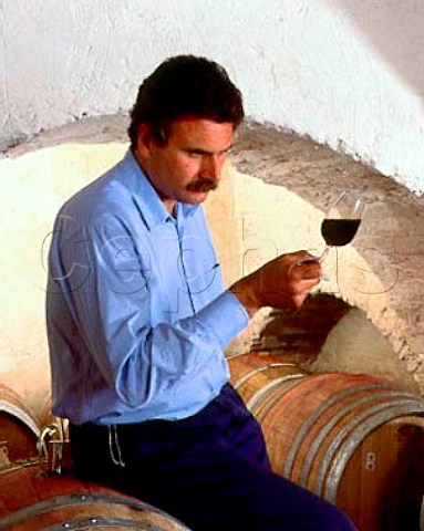 Consultant winemaker Maurizio Castelli checking a   sample of Balifico a vdt of Sangioveto Mammolo and   Cabernet taken from barrique in the cellars of   Castello di Volpaia Tuscany Italy