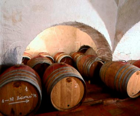 Barriques of Balifico a vdt of Sangioveto Mammolo   and Cabernet maturing in the cellars of Castello di   Volpaia Tuscany Italy