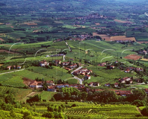 Hamlet of Santa Maria surrounded by vineyards  viewed from the hilltop town of La Morra Piemonte Italy Barolo