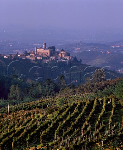 View over vineyards to village of Castiglione Falletto at dusk Piemonte Italy   Barolo