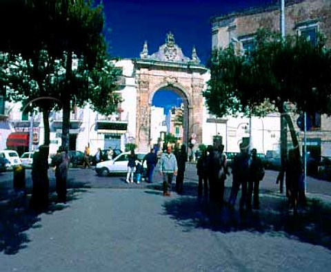 Men congregate to talk in the shade of the trees at   the gateway to the old quarter of Martina Franca   Puglia Italy