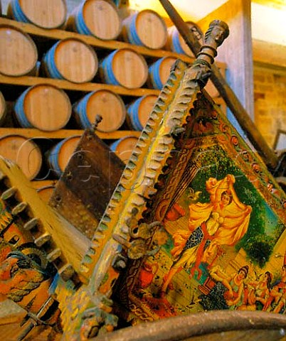 French oak barriques and traditional Sicilian carts   carretti  dating from 1850 in the cellars of   Carlo Pellegrino Marsala Sicily Italy