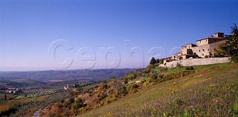 Castello di Cacchiano stands on a hill above its vineyards near Brolio Gaiole in Chianti Tuscany Italy Chianti Classico