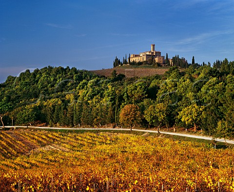 Castello Banfi above its autumnal vineyard SantAngelo Scalo Tuscany Italy Brunello di Montalcino