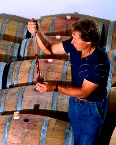 Tim Finn takes a sample of his Pinot Noir from oak   barrel Neudorf Vineyards Upper Moutere Nelson    NZ South Island