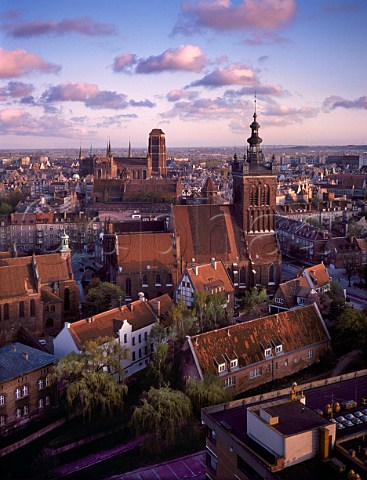 Overview of Gdansk with in the foreground St Catherines Church and beyond the Church of Our Lady  Poland