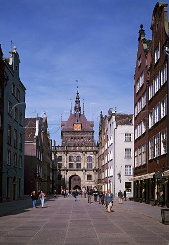 View along Ulica Dluga to the Upland Gate Brama  Wyzynna with the Torture House and the High Prison Tower beyond Gdansk Poland