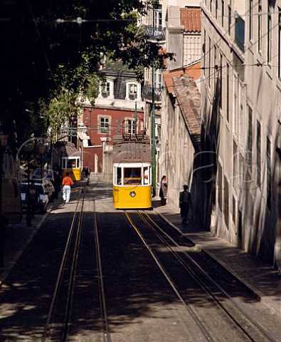 Two of the funiculars which run up and down the steep streets of Lisbon Portugal