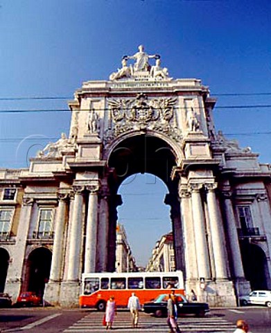 The arch on the Praca do Comercio through which is   the Rua Augusta  Lisbon Portugal
