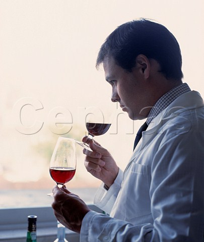 Oenologist Luis de Sottomayor blending Ferreiras   Quinta da Porto 10year old port in their laboratory   overlooking Porto and the Douro River   Portugal