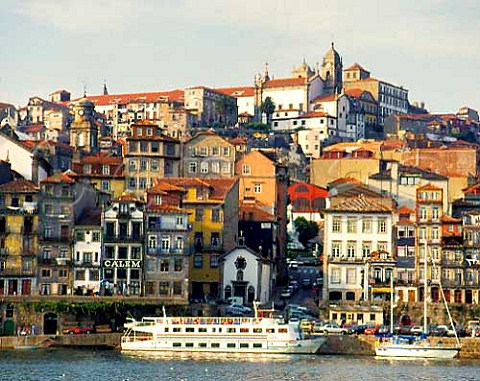 Cais da Ribeira the riverfront area of Porto   viewed over the Douro River from Vila Nova de Gaia    Portugal