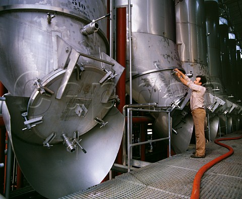 Taking a sample of wine from fermentation tank in winery of Miguel Torres Pacs del Peneds near Villafranca del Peneds    Catalonia Spain