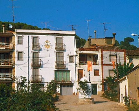 Catalan flags hanging from houses in Sant Jaume   Sesoliveres Catalonia Spain   Peneds