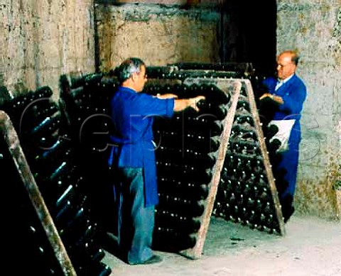 Performing the remuage on bottles of Cava at Juve y   Camps San Sadurni de Noya Catalonia Penedes