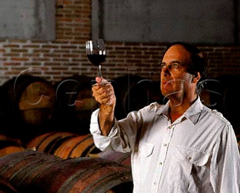 Carlos Falco y Fernandez de Cordova  Marques de   Grinon with his Cabernet Sauvignon 90  Merlot   blend in his barrel room on his estate of Valdepusa   Malpica de Tajo west of Toledo Spain