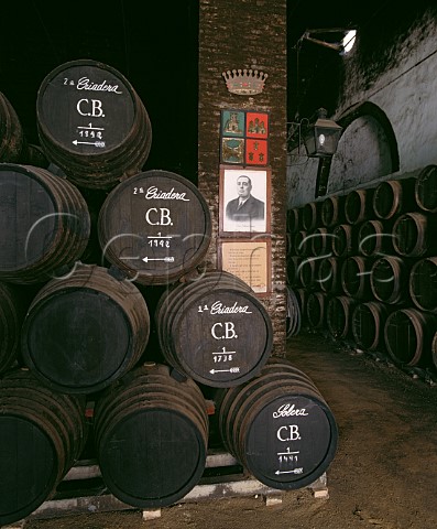 Criaderas in La Monumental bodega of Alvear The portrait is of D Juan Rodriguez Reguera who was Capataz foreman of the bodegas pre1932    Montilla Andalucia Spain DO MontillaMoriles