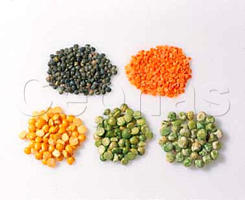 Pulses  clockwise from top left puy lentils   red lentils dried peas green split peas   yellow split peas