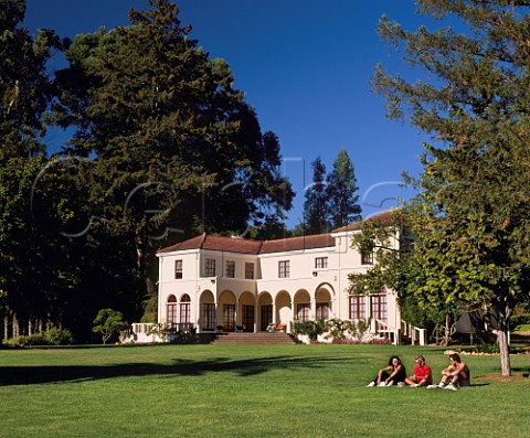 Visitors on the lawn outside Chateau St Jean winery tasting room Kenwood Sonoma Valley California