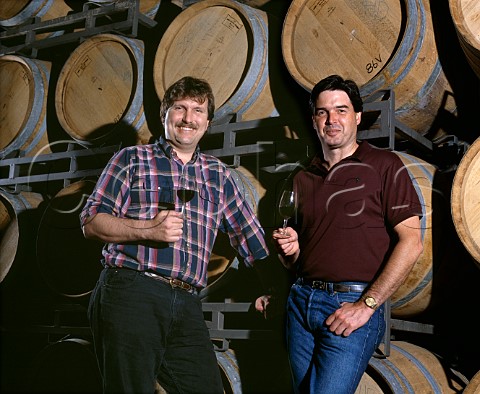 David Graves l and Richard Ward died 2017 in   the barrel cellar of Saintsbury Carneros Napa Valley California