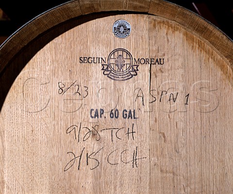 French oak barrique containing Chardonnay in cellar   of Acacia Winery Napa California  Carneros