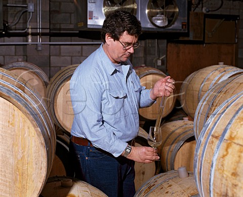Mark Bixler tasting Chardonnay from new oak barrique Kistler Vineyards  Kenwood Sonoma Valley California