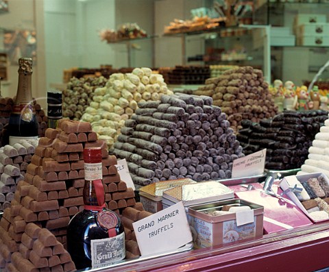 Window display in a chocolate shop in Wollestraat  near the Markt square in Bruges  Belgium