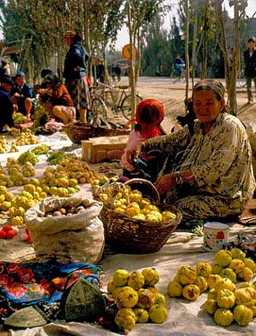 Fruit and vegetables on sale at a roadside  market Aksu Xinjiang Province China