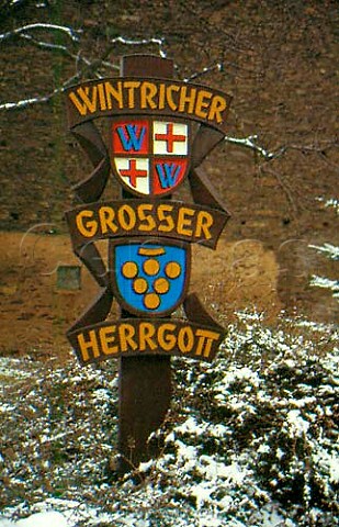 Snowfall around sign in the vineyards of   Wintrich Mosel Valley Germany  Mosel