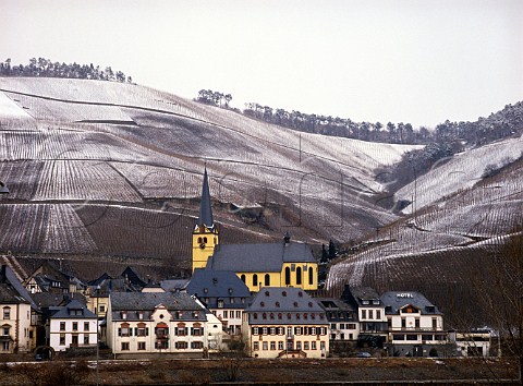 Zeltingen village and church after light snowfall   with Schlossberg and Sonnenuhr vineyards behind    Germany   Mosel