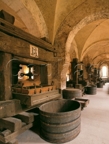 Old grape presses in the Kabinett Keller of Kloster Eberbach Hattenheim Germany   Rheingau