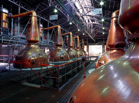 Still room of Suntory Hakushu Distillery wash stills on the left and spirit stills on the right Yamanashi Prefecture Japan