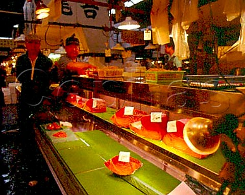 Pieces of tuna on sale at a Jobbers retail shop  Tsukiji Wholesale Market Tokyo Japan