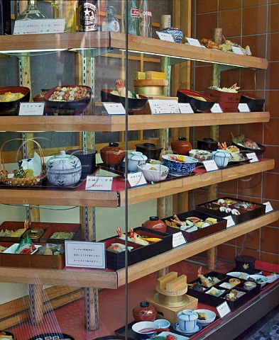 Plastic food display outside a restaurant at Sukiyabashi Crossing on the NorthWest edge of the Ginza district of Tokyo