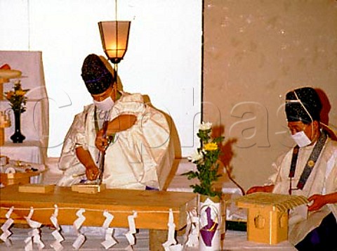 Shijyoryu Hochyoshiki a traditional religious   ceremony  for the symbolic cutting of tofu performed   by Shinto priests Nagano Japan
