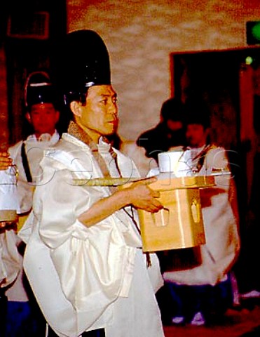 Shijyoryu Hochyoshiki a traditional religious   ceremony  for the symbolic cutting of tofu   performed by Shinto priests Nagano Japan