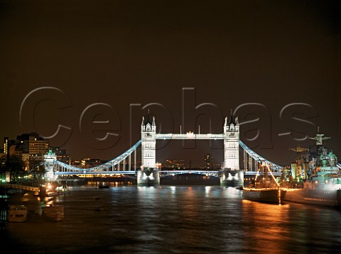 Tower Bridge and the River Thames at night  London   England