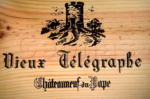 Logo on wooden case of wine Domaine du   Vieux Telegraphe Chateauneuf du Pape