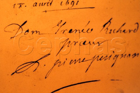 Signature of Dom Prignon in the museum   of the Abbey of Hautvillers Marne   France   Champagne