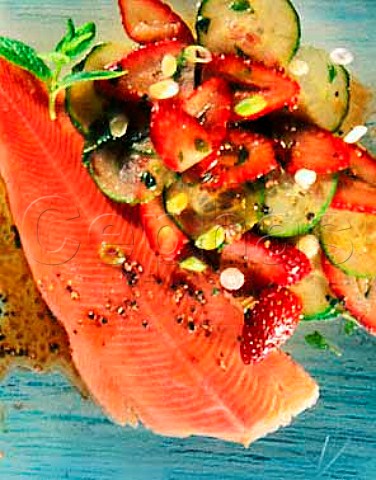 Smoked salmon trout with strawberry and cucumber   salad