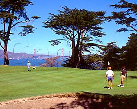 Playing golf with Golden Gate Bridge beyond San   Francisco California USA