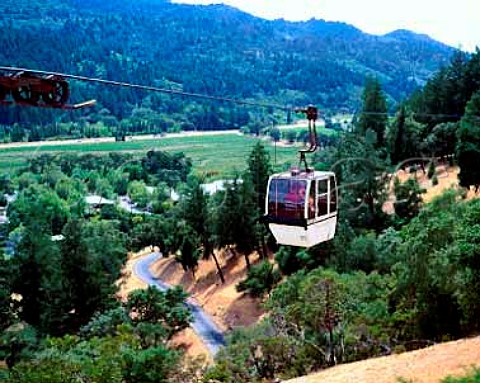 Cable car takes tourists up to the hilltop winery of   Sterling Vineyards Calistoga Napa Valley   California
