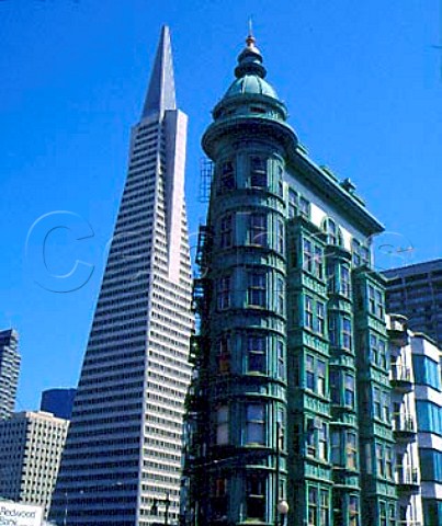 Transamerica Pyramid and the Zeotrope Coppola   Building offices of film director Francis Ford   Coppola San Francisco California USA