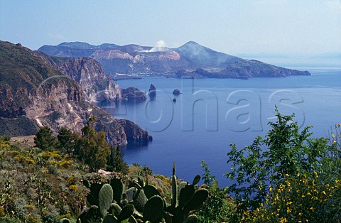 View from Lipari to Vulcano with steam   rising from its caldera  Aeolian   Islands Sicily