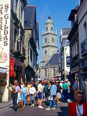 Auray on Market day with the church in the   background Morbihan France Brittany