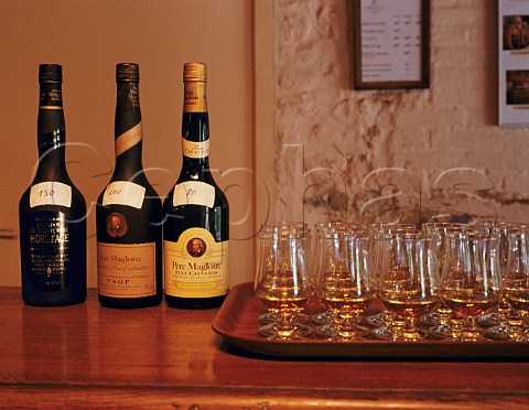 Glasses of Calvados for tasting by visitors to Pre Magloire Pontlvque Normandy France