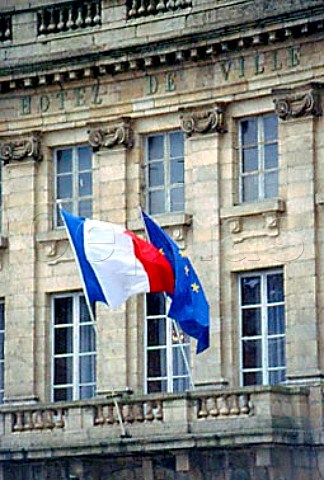 French and European flags outside hotel   dville Normandy