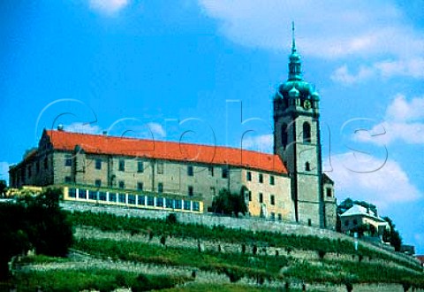 Chateau Melnik above its terraced   vineyards Melnik Bohemia Czech Republic