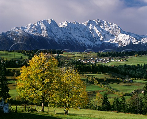 StKoloman village in the Salzachtal Valley with the Hagengebirge mountain beyond Salzburgerland Austria