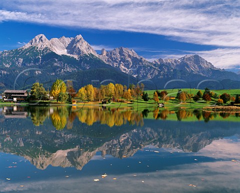 Ritzensee lake with the Steinernes Meer mountain beyond Saalfelden Salzburgerland Austria