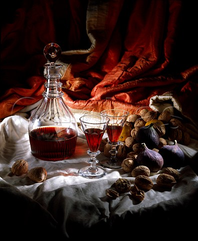Christmas Decanter and glasses of port with figs   and nuts
